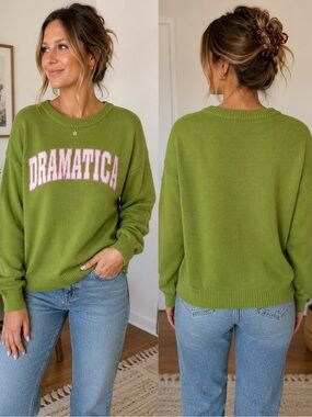 Witty Fox Dramatica Sweater Women’s L Green Pink Graphic Knit Crewneck